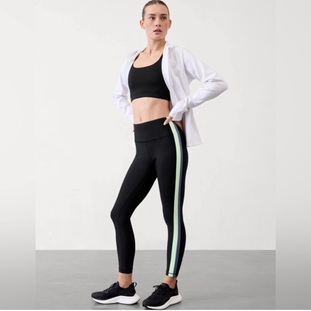 Athleta Black Leggings with Light Green Stripe